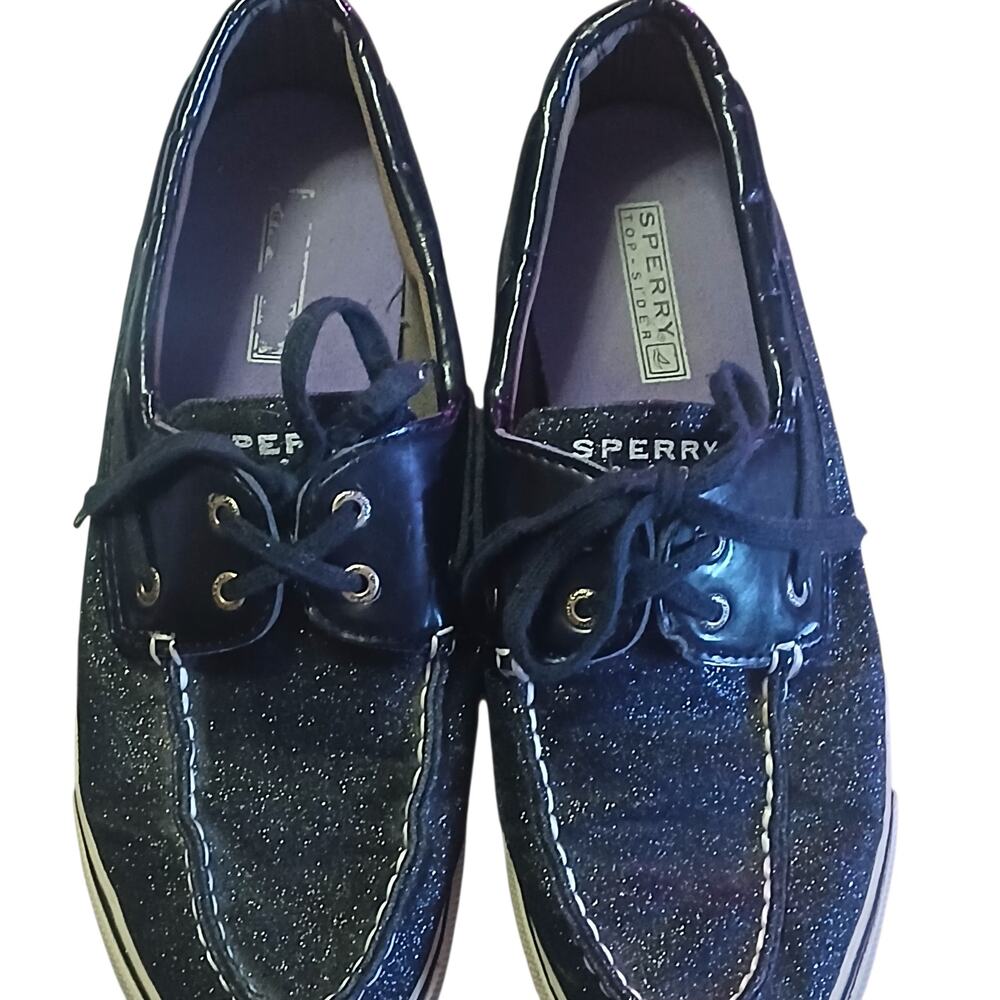SPERRY TOP SIDERS LACE UP  BOAT SHOES BLACK GLITTER SPARKLEY WOMEN'S 9M
